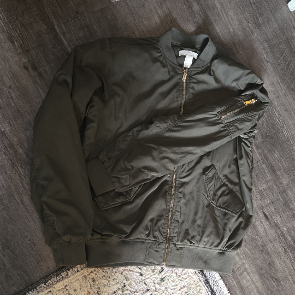 H&M Khaki Bomber Jacket with Gold Accents